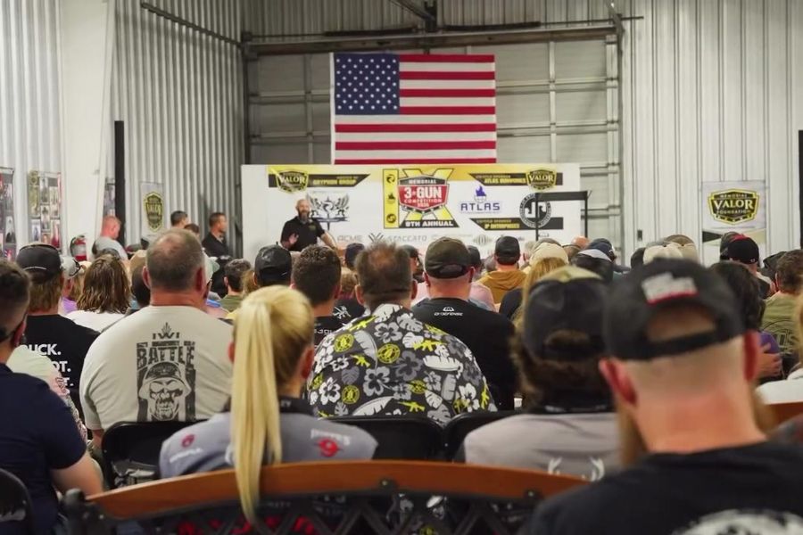 Families fill the hall for the honoree ceremony at the 9th Annual Memorial 3 Gun at Gryphon Group, 2026
